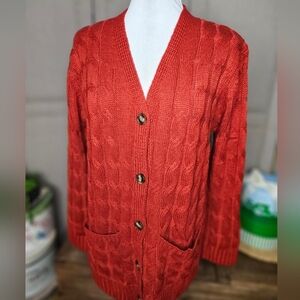 Brick Red Button Front Cabeled Cardigan